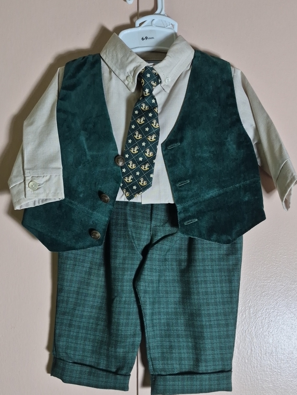 Vintage A Little Angel Baby Boy 4-Pc Vest & Pants Set Green Velvet Plaid 6-9M Y2